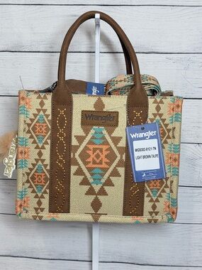 Wrangler Brown-Taupe Tribal Pattern Tote with Turquoise & Coral Accents
